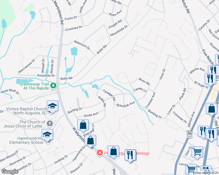 map of restaurants, bars, coffee shops, grocery stores, and more near 1931 Robin Road in North Augusta
