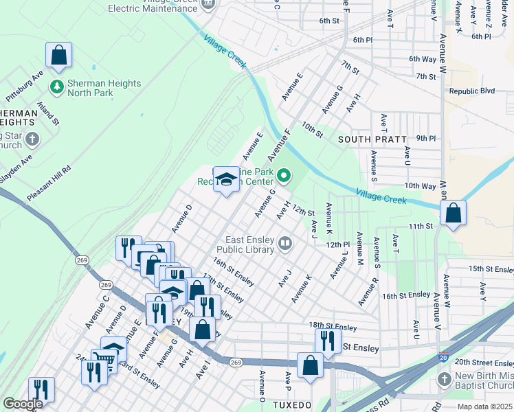 map of restaurants, bars, coffee shops, grocery stores, and more near 1224 Avenue G in Birmingham