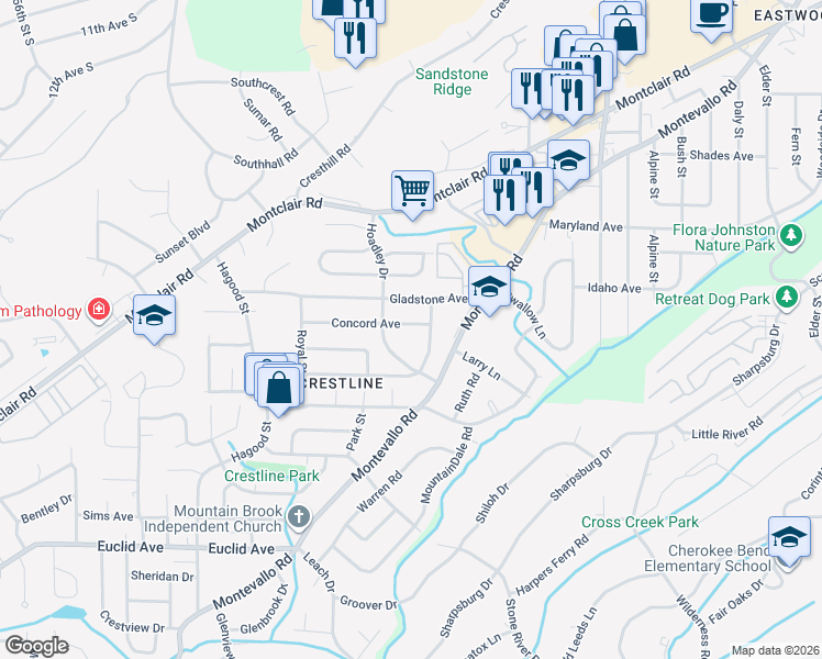 map of restaurants, bars, coffee shops, grocery stores, and more near 1231 Concord Avenue in Birmingham