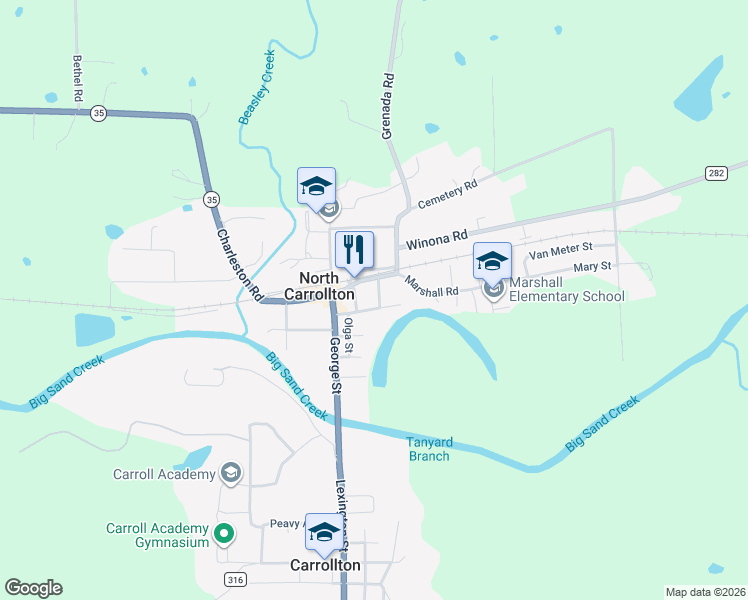 map of restaurants, bars, coffee shops, grocery stores, and more near 500-606 Hemingway St in Carrollton