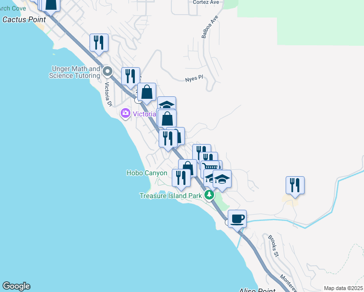 map of restaurants, bars, coffee shops, grocery stores, and more near 30802 Coast Highway in Laguna Beach