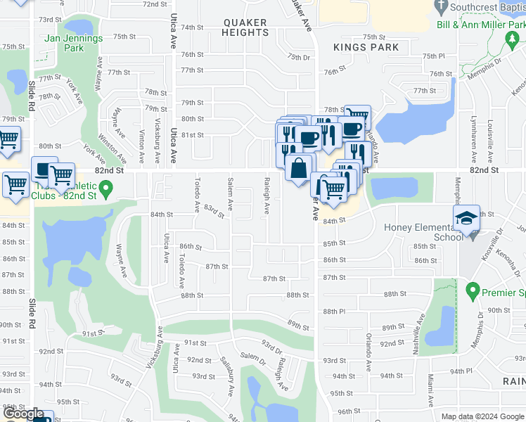 map of restaurants, bars, coffee shops, grocery stores, and more near 8236 Raleigh Avenue in Lubbock