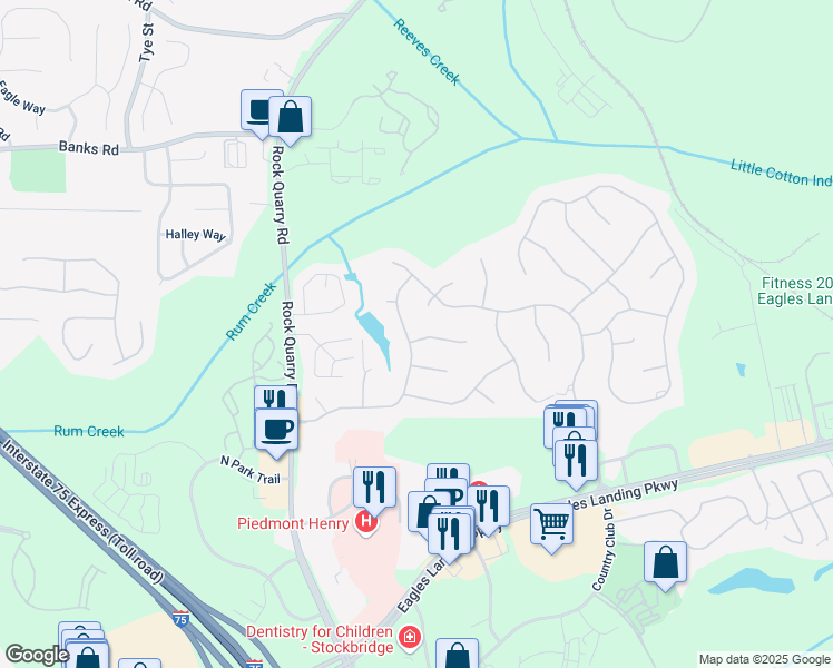 map of restaurants, bars, coffee shops, grocery stores, and more near 134 Windsong Drive in Stockbridge
