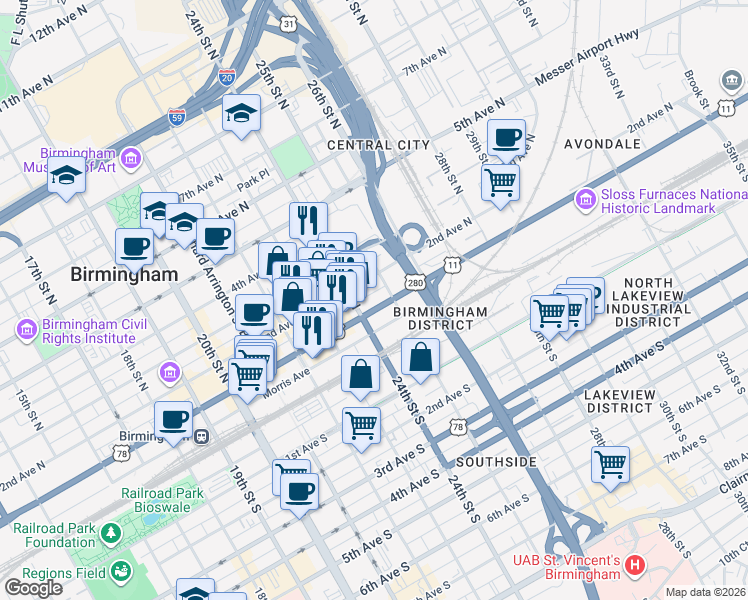 map of restaurants, bars, coffee shops, grocery stores, and more near 2416 1st Avenue North in Birmingham