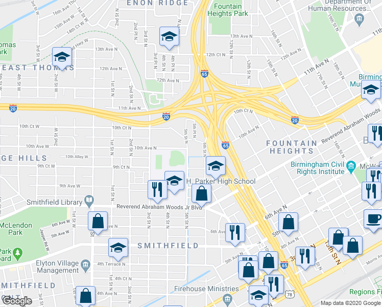 map of restaurants, bars, coffee shops, grocery stores, and more near 503 10th Avenue North in Birmingham