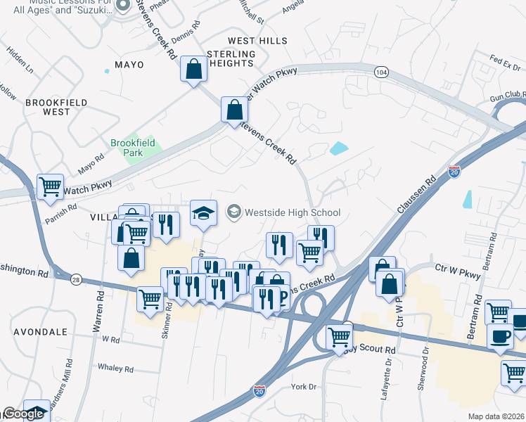 map of restaurants, bars, coffee shops, grocery stores, and more near 1208 Kendal Court in Augusta