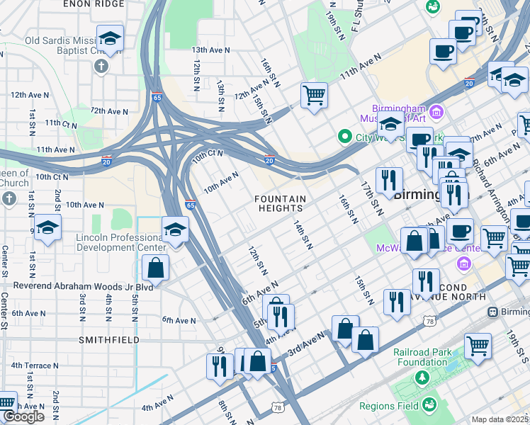 map of restaurants, bars, coffee shops, grocery stores, and more near 1200 Reverend Abraham Woods Junior Boulevard in Birmingham