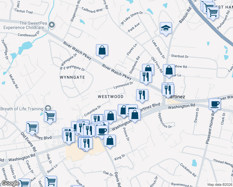 map of restaurants, bars, coffee shops, grocery stores, and more near 3651 Westwood Drive in Martinez