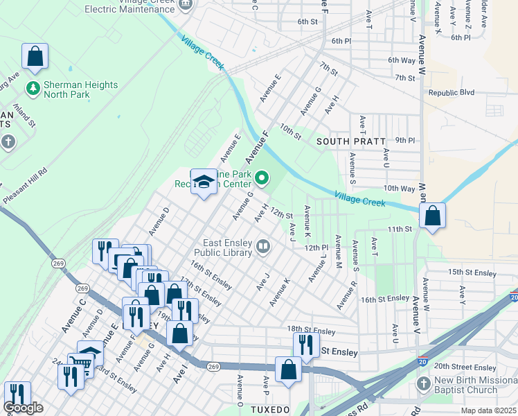 map of restaurants, bars, coffee shops, grocery stores, and more near 721 12th Street in Birmingham