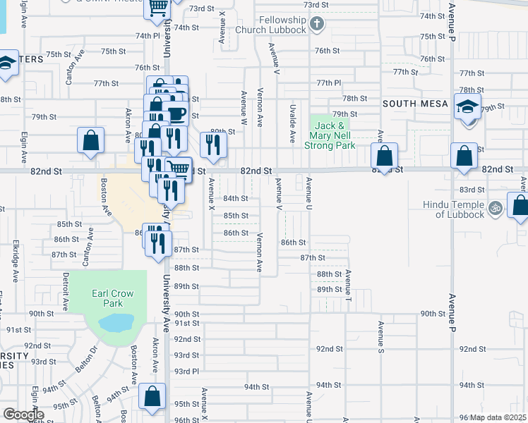 map of restaurants, bars, coffee shops, grocery stores, and more near 2201 85th Street in Lubbock
