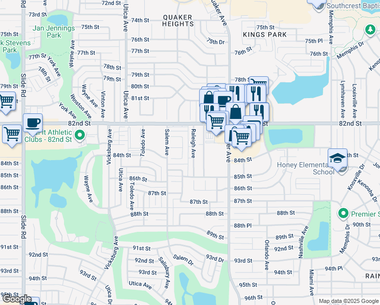 map of restaurants, bars, coffee shops, grocery stores, and more near 8242 Raleigh Avenue in Lubbock