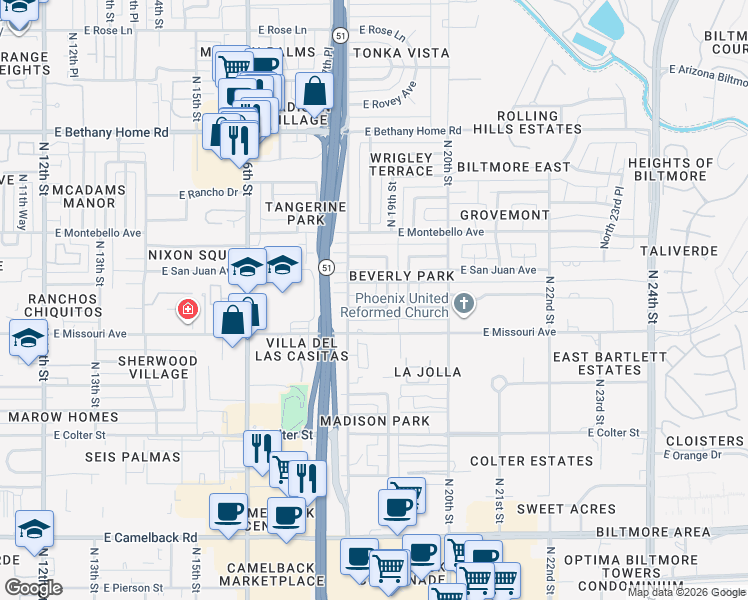 map of restaurants, bars, coffee shops, grocery stores, and more near 1812 East Marshall Avenue in Phoenix
