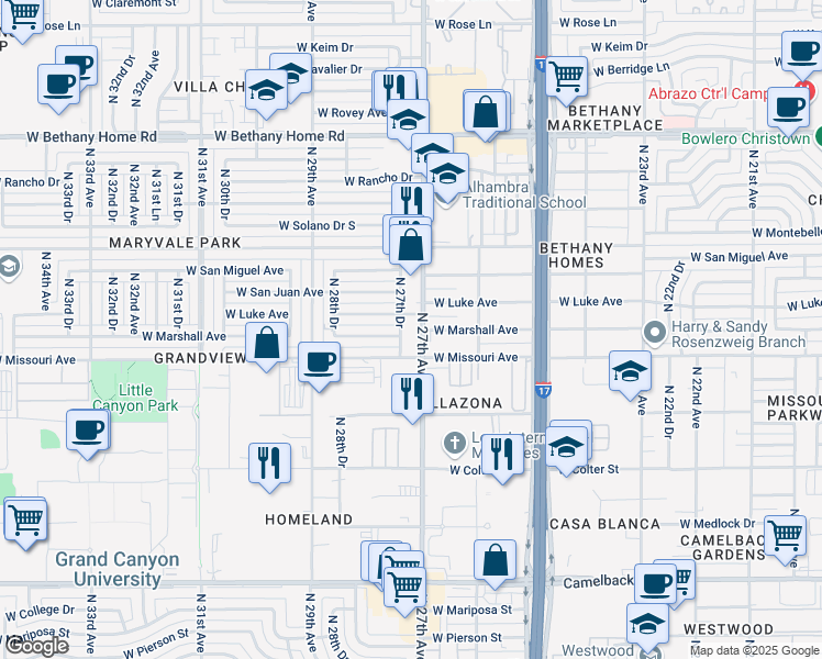 map of restaurants, bars, coffee shops, grocery stores, and more near 5517 North 27th Drive in Phoenix