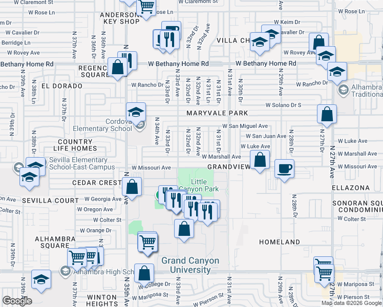 map of restaurants, bars, coffee shops, grocery stores, and more near 3228 West Marshall Avenue in Phoenix