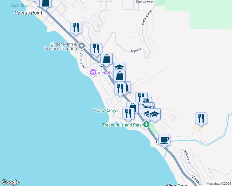map of restaurants, bars, coffee shops, grocery stores, and more near in Laguna Beach