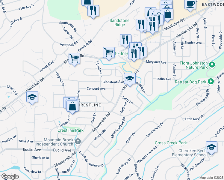 map of restaurants, bars, coffee shops, grocery stores, and more near 1229 Concord Avenue in Birmingham