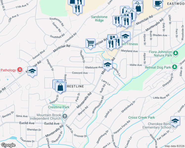 map of restaurants, bars, coffee shops, grocery stores, and more near 1229 Concord Avenue in Birmingham