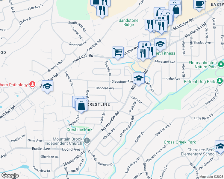map of restaurants, bars, coffee shops, grocery stores, and more near 1229 Concord Avenue in Birmingham