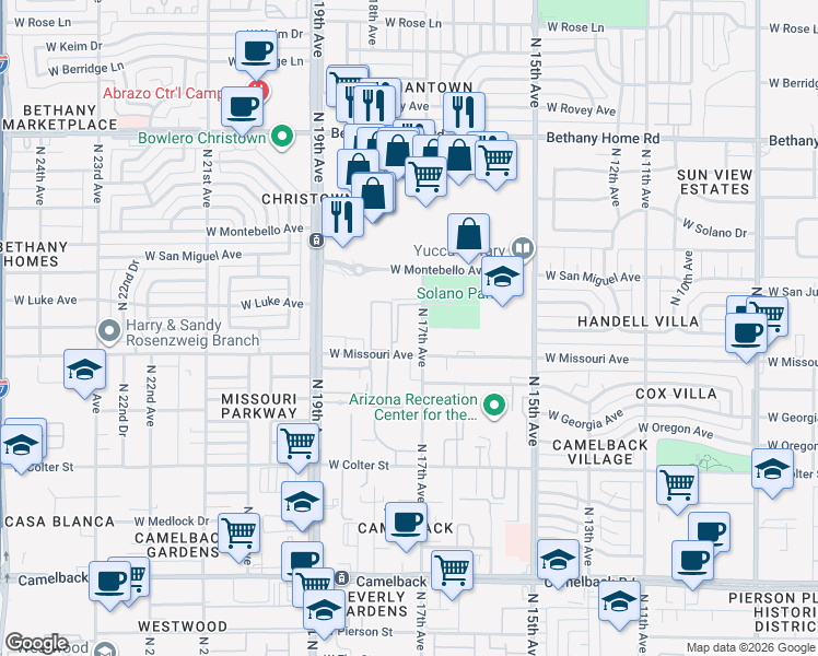 map of restaurants, bars, coffee shops, grocery stores, and more near 5530 North 17th Avenue in Phoenix