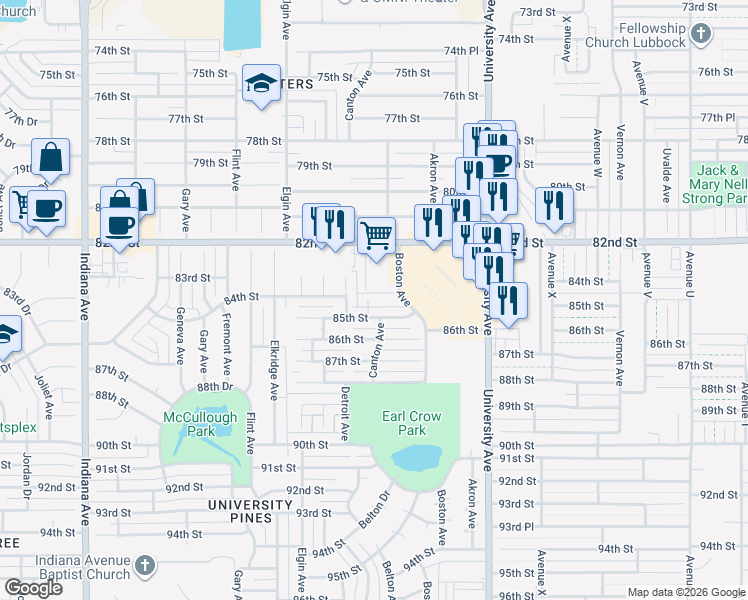 map of restaurants, bars, coffee shops, grocery stores, and more near 8405 Canton Avenue in Lubbock