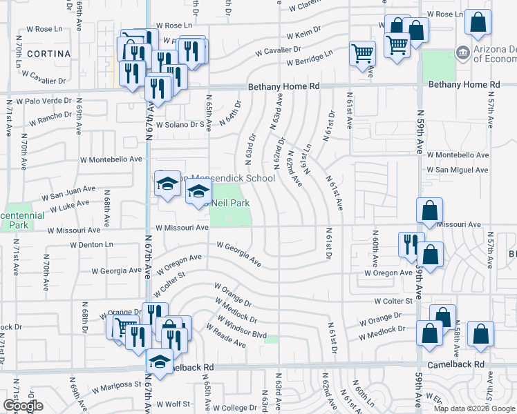 map of restaurants, bars, coffee shops, grocery stores, and more near 5523 North 64th Avenue in Glendale