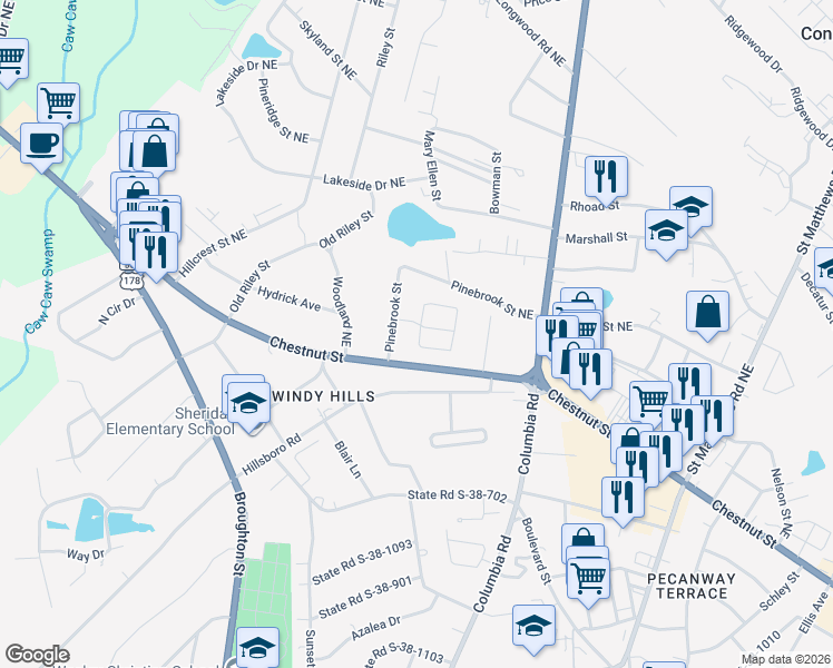 map of restaurants, bars, coffee shops, grocery stores, and more near 2079 Pinebrook Street in Orangeburg
