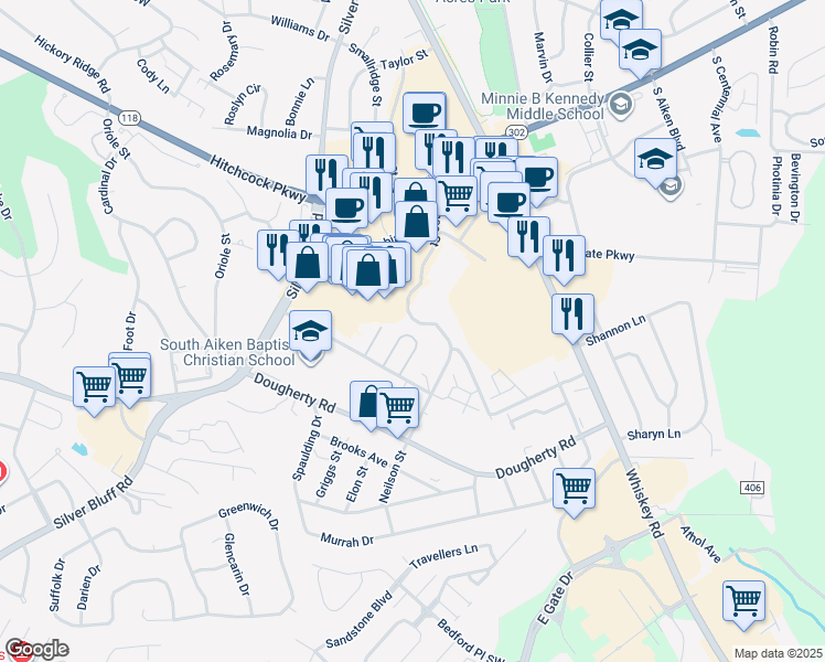 map of restaurants, bars, coffee shops, grocery stores, and more near 136 Champion Pine in Aiken