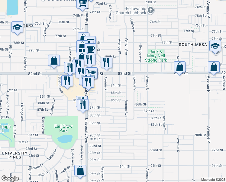 map of restaurants, bars, coffee shops, grocery stores, and more near 2218 85th Street in Lubbock