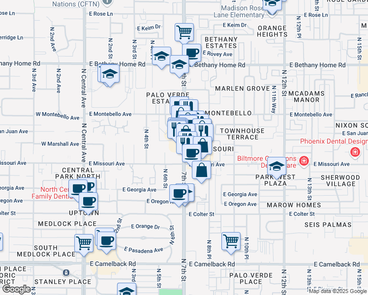 map of restaurants, bars, coffee shops, grocery stores, and more near 5533 North 7th Street in Phoenix