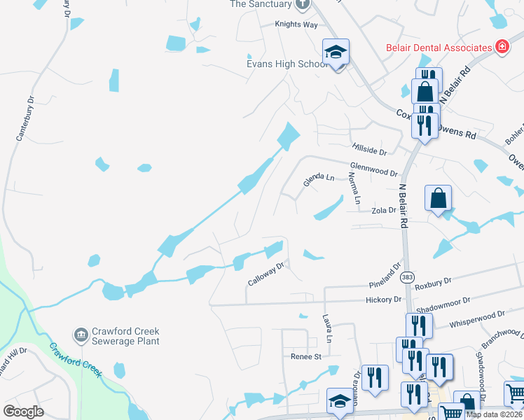 map of restaurants, bars, coffee shops, grocery stores, and more near 4727 Rhett Drive in Evans