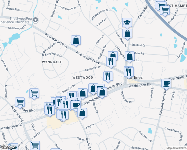 map of restaurants, bars, coffee shops, grocery stores, and more near 2614 Westwood Drive in Augusta