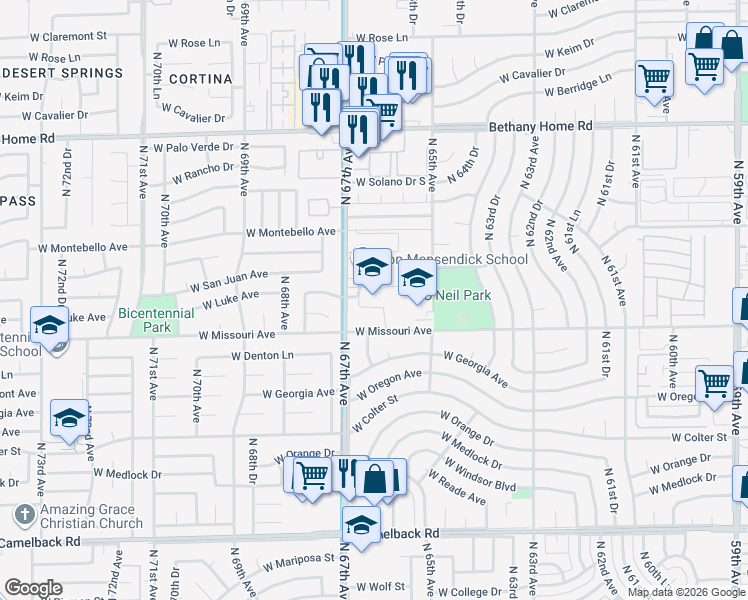 map of restaurants, bars, coffee shops, grocery stores, and more near 5535 North 67th Avenue in Glendale