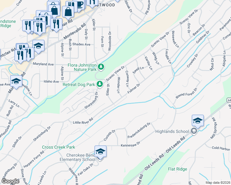 map of restaurants, bars, coffee shops, grocery stores, and more near 554 Wonder Lane in Irondale