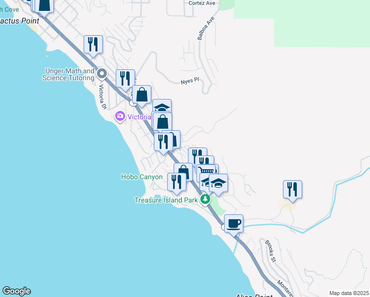 map of restaurants, bars, coffee shops, grocery stores, and more near e2 F Street in Laguna Beach
