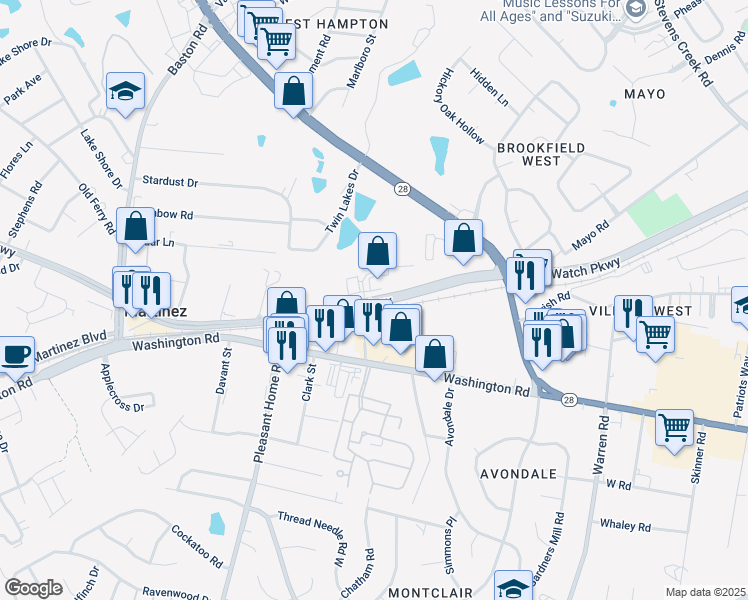 map of restaurants, bars, coffee shops, grocery stores, and more near Riverwatch Parkway in Augusta