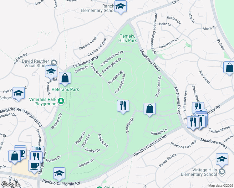 map of restaurants, bars, coffee shops, grocery stores, and more near 31115 Gleneagles Drive in Temecula