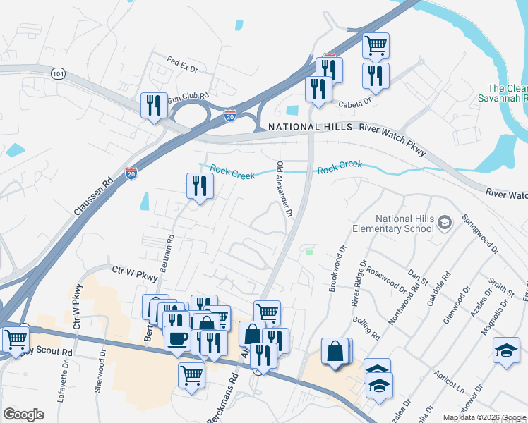 map of restaurants, bars, coffee shops, grocery stores, and more near 1035 Alexander Drive in Augusta
