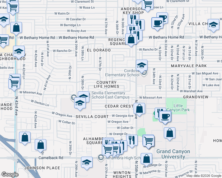 map of restaurants, bars, coffee shops, grocery stores, and more near 3639 West Luke Avenue in Phoenix