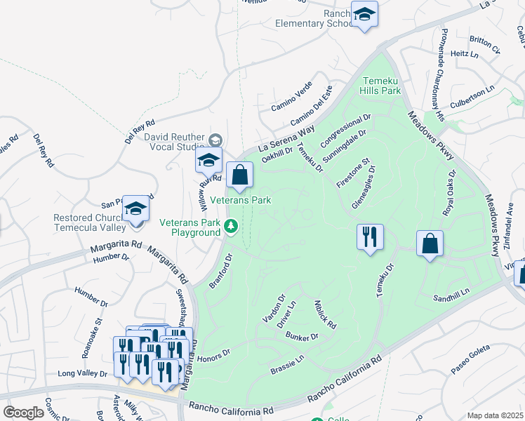 map of restaurants, bars, coffee shops, grocery stores, and more near Lilac Circle in Temecula