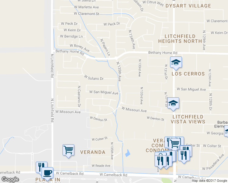 map of restaurants, bars, coffee shops, grocery stores, and more near 13530 West San Miguel Avenue in Litchfield Park
