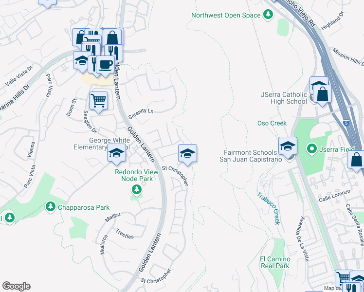 map of restaurants, bars, coffee shops, grocery stores, and more near 29 Saint Croix in Laguna Niguel