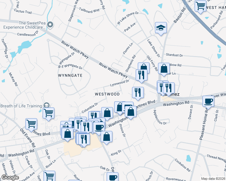 map of restaurants, bars, coffee shops, grocery stores, and more near 3645 Westwood Drive in Martinez