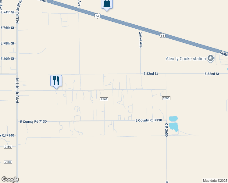 map of restaurants, bars, coffee shops, grocery stores, and more near 2604 County Road 7110 in Lubbock