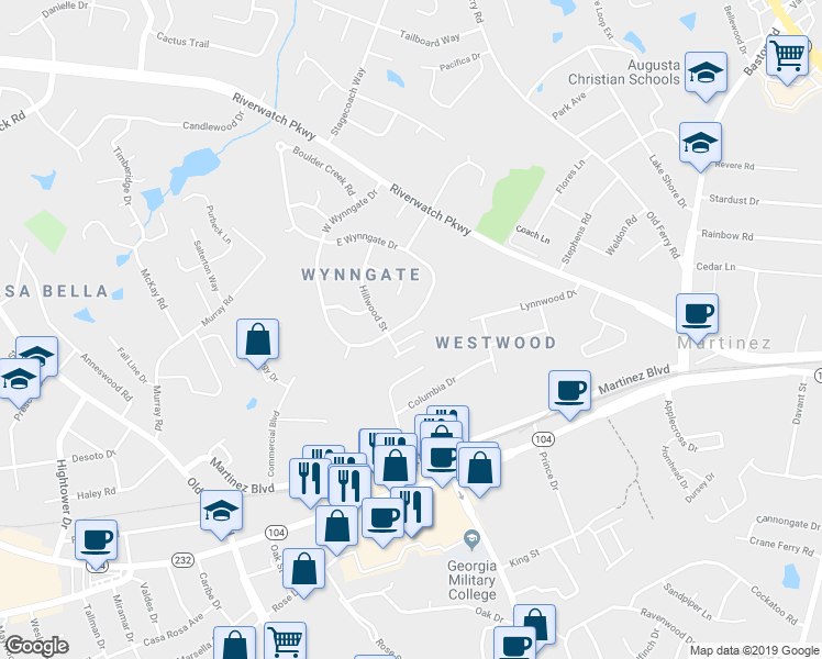 map of restaurants, bars, coffee shops, grocery stores, and more near 272 East Wynngate Drive in Martinez