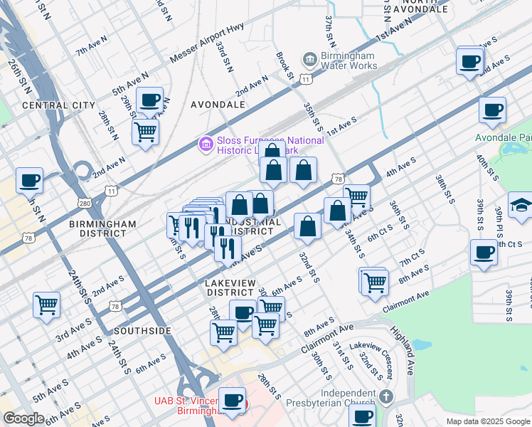 map of restaurants, bars, coffee shops, grocery stores, and more near 3118 3rd Avenue South in Birmingham
