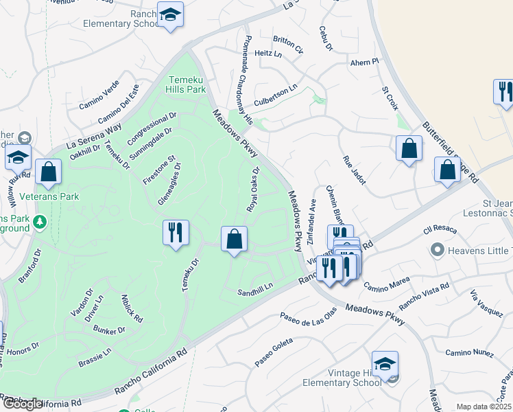 map of restaurants, bars, coffee shops, grocery stores, and more near 31525 Royal Oaks Drive in Temecula