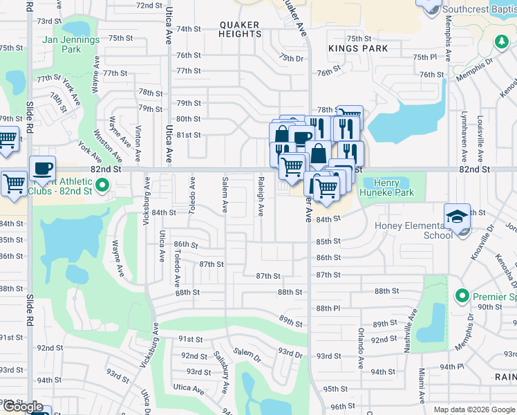 map of restaurants, bars, coffee shops, grocery stores, and more near 8242 Raleigh Avenue in Lubbock