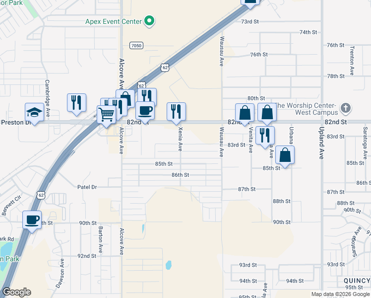 map of restaurants, bars, coffee shops, grocery stores, and more near 7531 84th Street in Lubbock