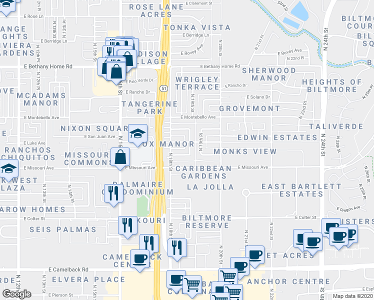 map of restaurants, bars, coffee shops, grocery stores, and more near 1812 East Marshall Avenue in Phoenix