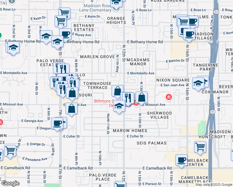 map of restaurants, bars, coffee shops, grocery stores, and more near 1130 East Missouri Avenue in Phoenix